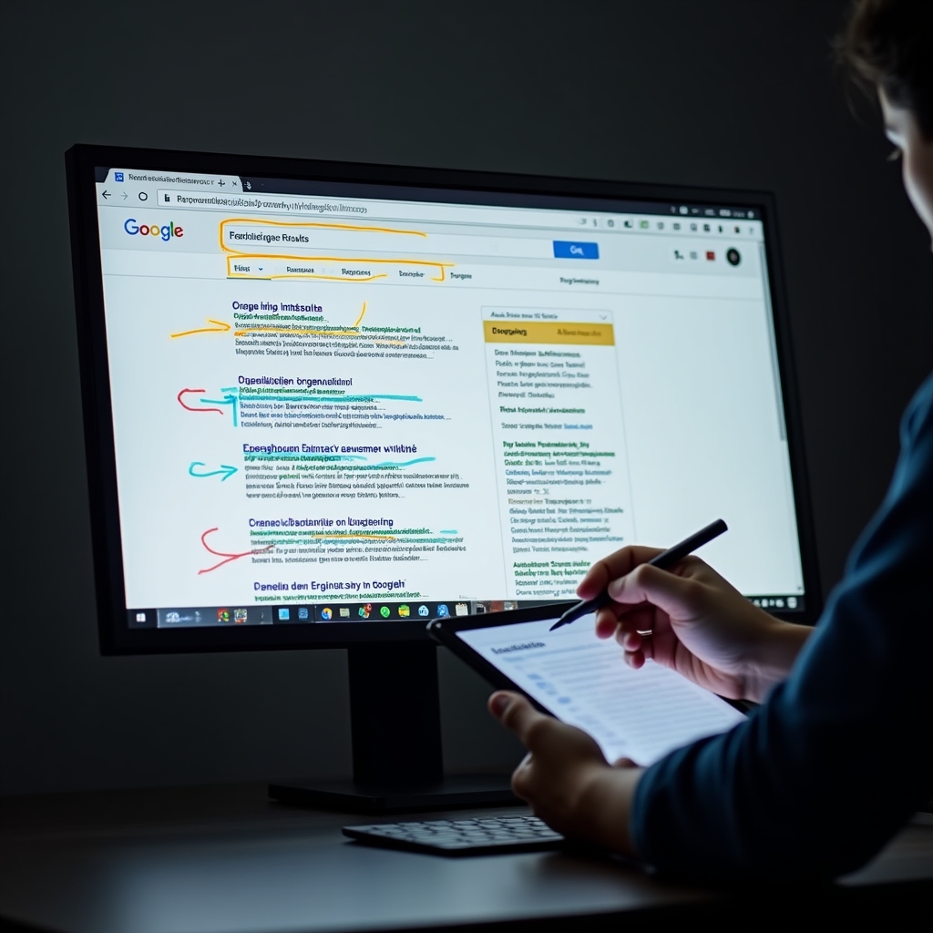 Analiza wyników wyszukiwania Google na ekranie komputera